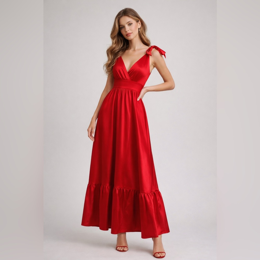 Lulus Red Satin Maxi Dress Tie Strap Deep V Romantic Wedding Guest Small